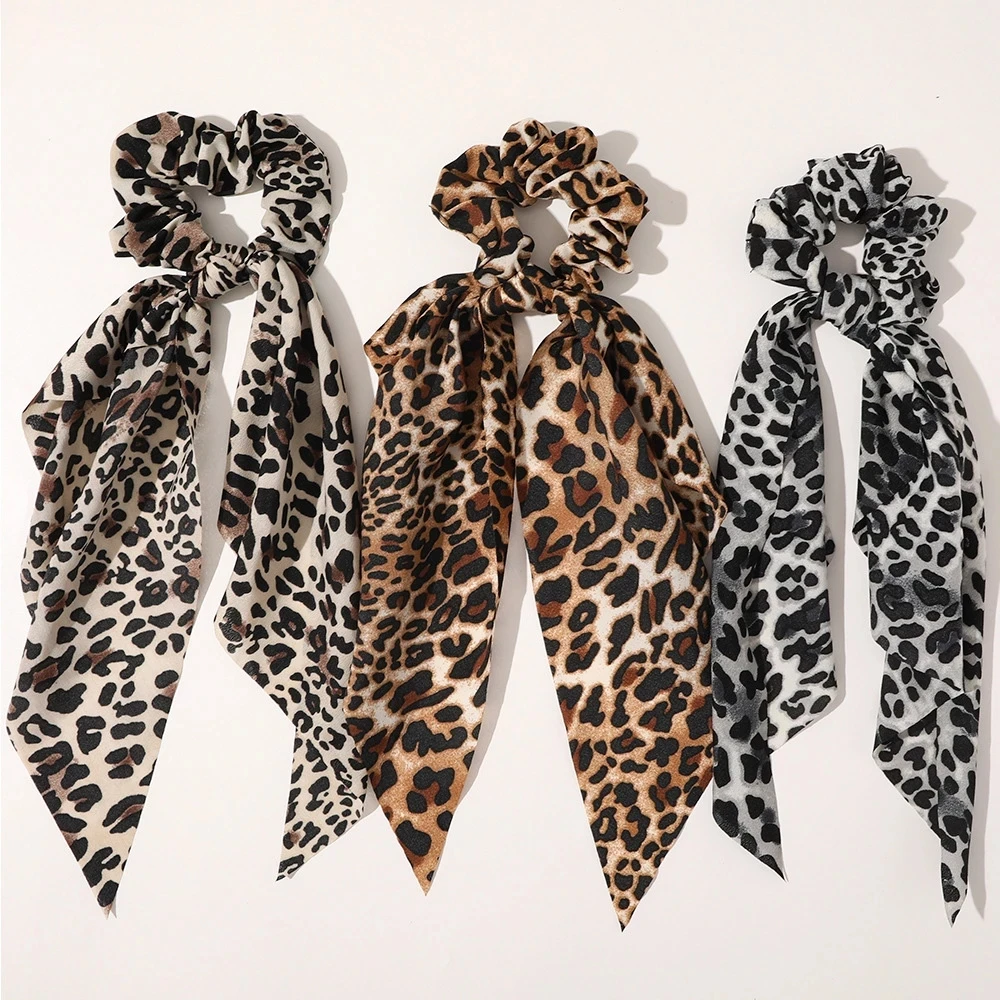 

Fashion Leopard Print Bow Satin Long Ribbon Ponytail Scarf Hair Tie Scrunchies Women Girls Elastic Hair Bands Hair Accessories