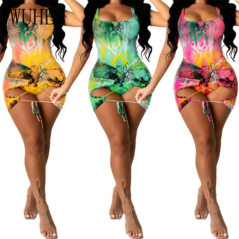 

KEXU Casual Swimsuits Two Piece Suits Spaghetti Strap Print Off Shoulder Playsuits and Lace Up Bandage Mini Skirt Party Clubwear