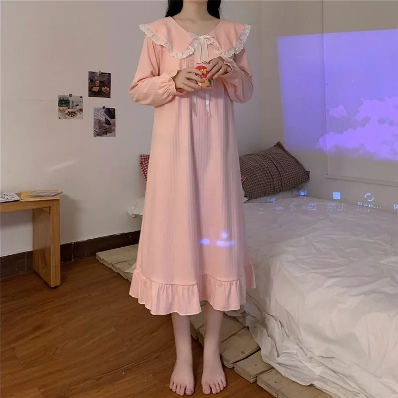 

Harajpee Sweet Nightgown Long Sleeve Solid Peter Pan Collar Autumn Loose Breathable Sleepwear Soft Korean Style Home Clothing