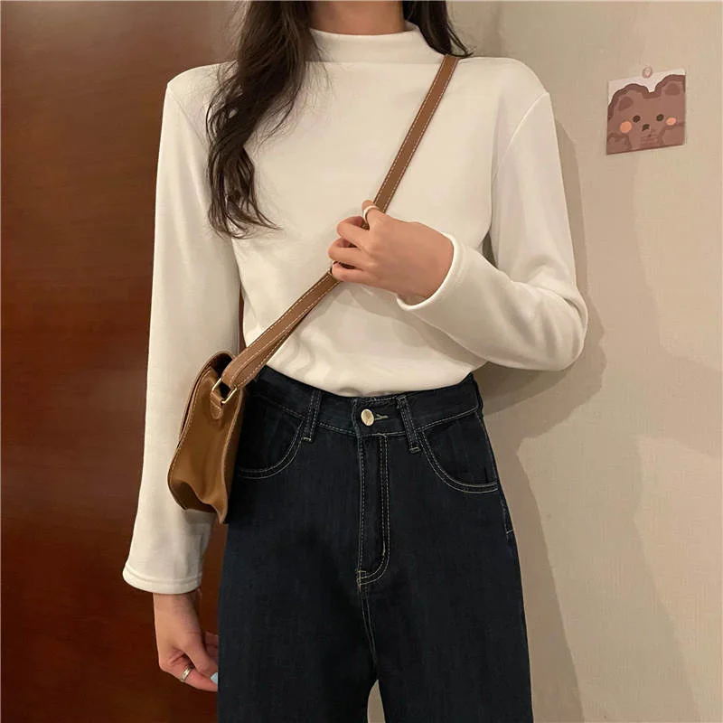 Осенне-зимняя женская однотонная модная нижняя рубашка с высоким воротником