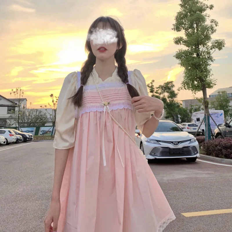 

Japanese Kawaii Pink Sling Women Dress Spring Summer Vintage Palace Lace A-Line Ruffles One Piece Lady Dress Vestidos 2021 New