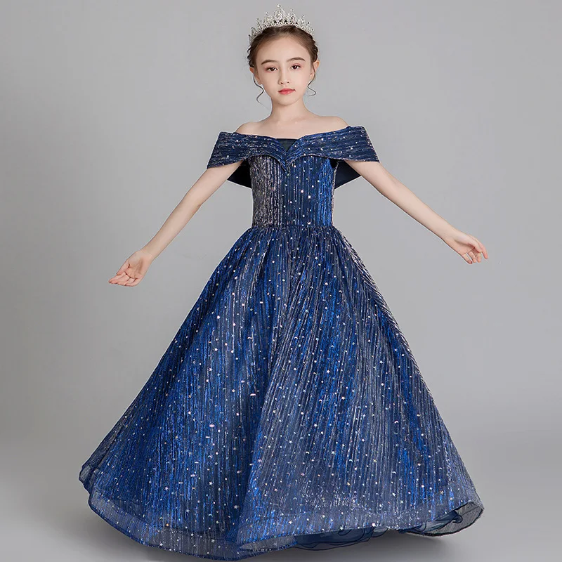 

Royal Blue Girls Formal Dress Off the Shoulder Flower Girl Dresses for Wedding Lace Up Tulle Princess Party Birthday Dress