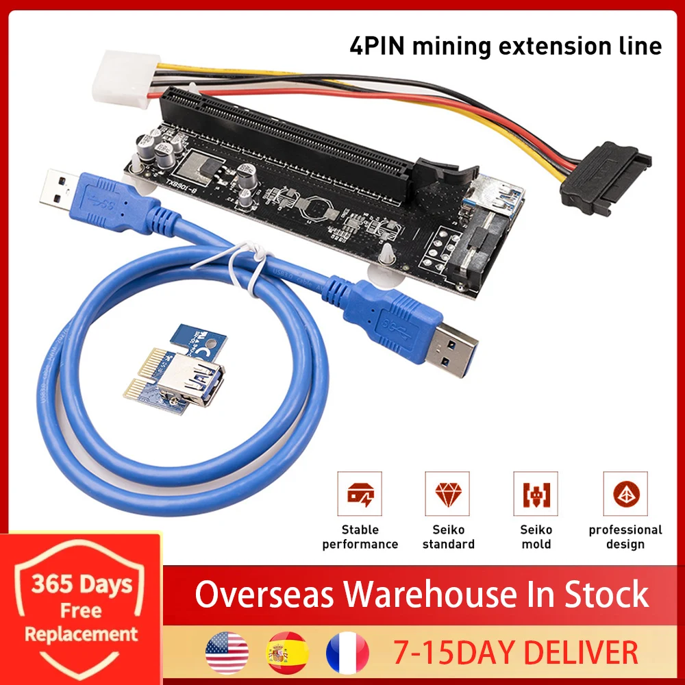 

Плата расширения PCI-E PCI Express от 1x до 16x, адаптер USB 3,0 с 4-контактным кабелем питания SATA, кабель USB для майнера