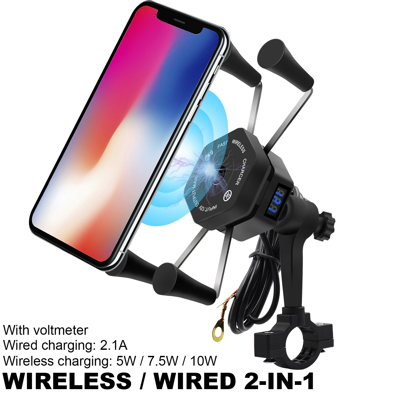 Держатель для телефона мотоцикла с зажимом Беспроводная зарядка вольтметром x