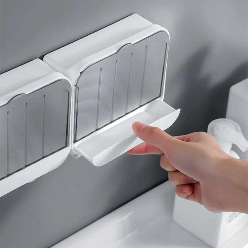 

Wall Mounted Soap Box Holder Storage with Lid Drainage Strong Seamless Stickers Finishing Racks Bathroom Roliet Supplies