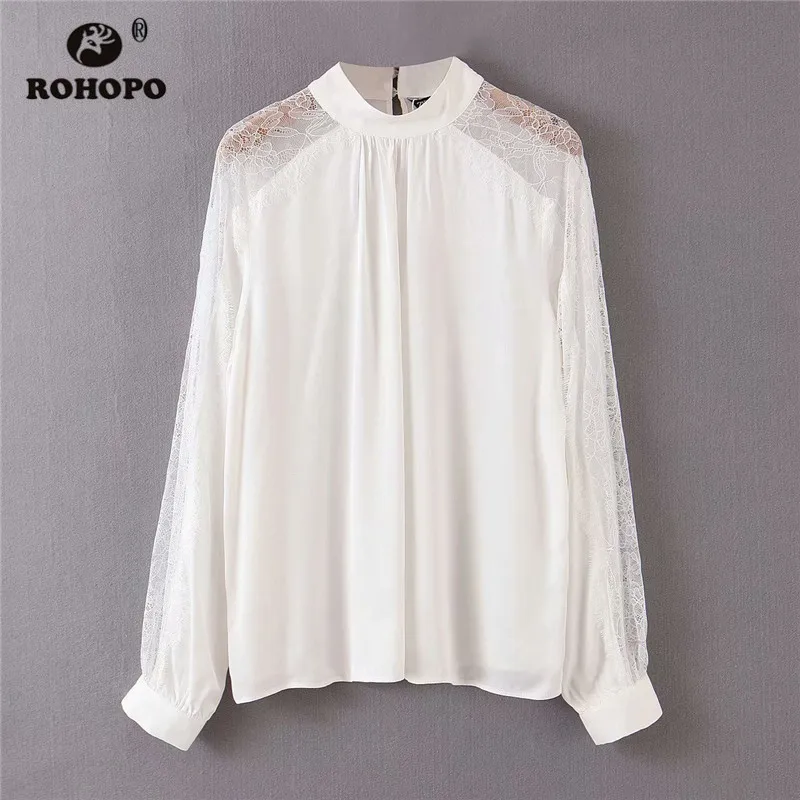ROHOPO Embroidery Tulle Long Sleeve White Blouse Round Collar Back Buttons Closure Pullover Patchaork Tops Blusa shirt #220 |