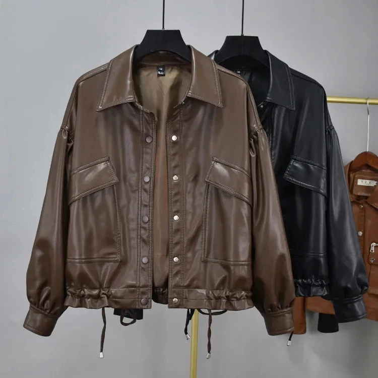 

Куртка женская короткая из мягкой коричневой кожи, с длинным рукавом