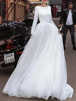 a line skirt wedding dress round neck luxury satin material long sleeve tulle tail bridal gown color size custom