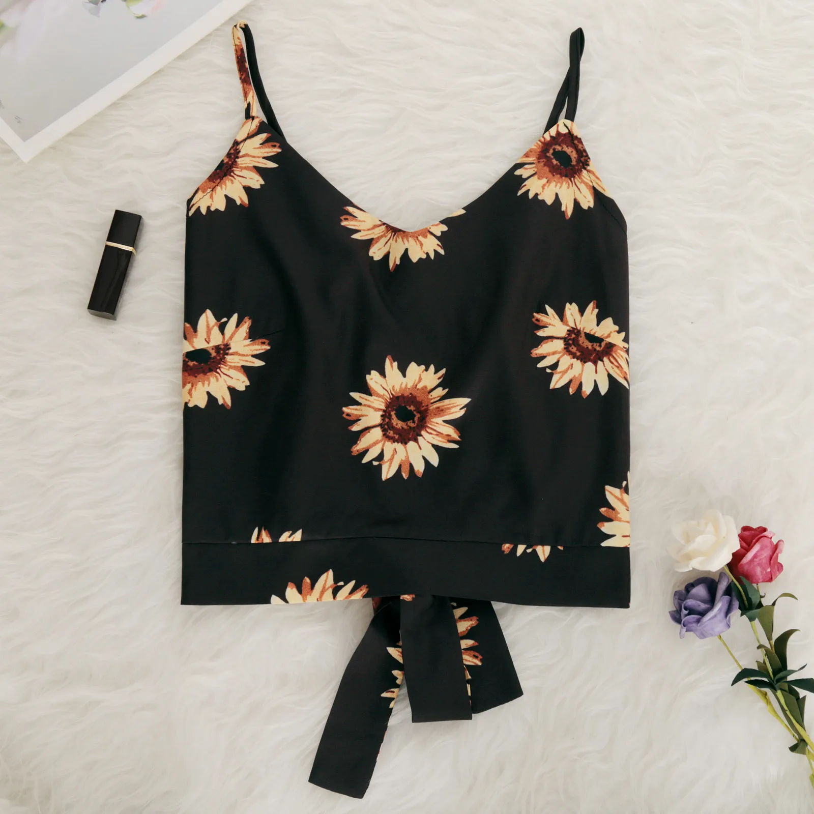 

Женский топ на шнуровке с принтом подсолнухов, привлекательная модная Милая майка, кроп-топ, свежий маленький Топ без рукавов, Новые майки н...