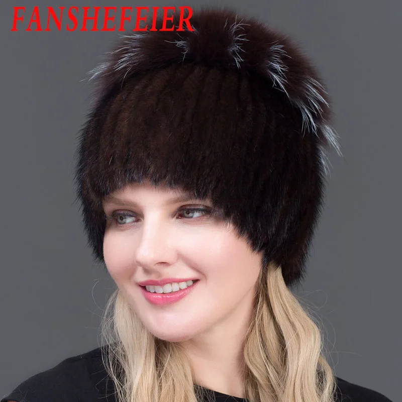 FANSHEFEIER женская меховая шапка зимняя натуральная норковая шапка с меховым помпоном из серебра лисы вязаные шапочки шапка новая распродажа меховые шапки