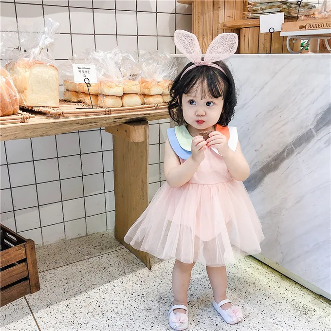 

newborn baby girls romper dress 2020 Sweet doll collar mesh Splicing romper dress infantil jumpsuit