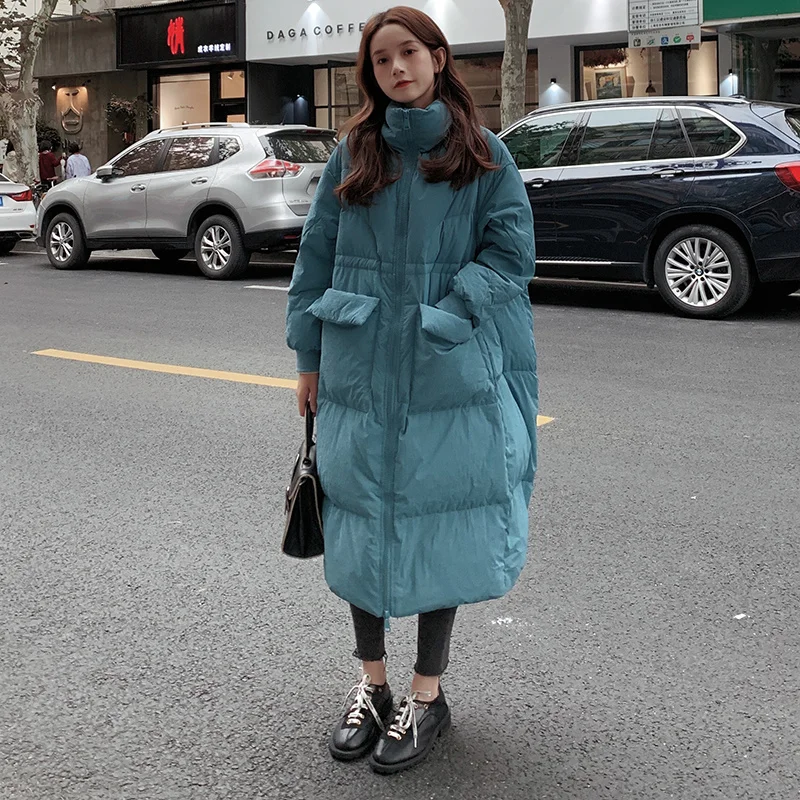 

Women's Jacket 2021 Winter New Style Peacock Blue Solid Color Korean Plus Long Loose Thick Fashion Warm Padded Female Coat KQ1