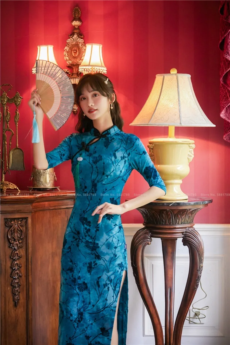 

Women Chinese Traditional Cheongsam Elegant Evening Dress Retro Fashion Slim Sexy Print Qipao Vintage Vestidos Oriental Clothing