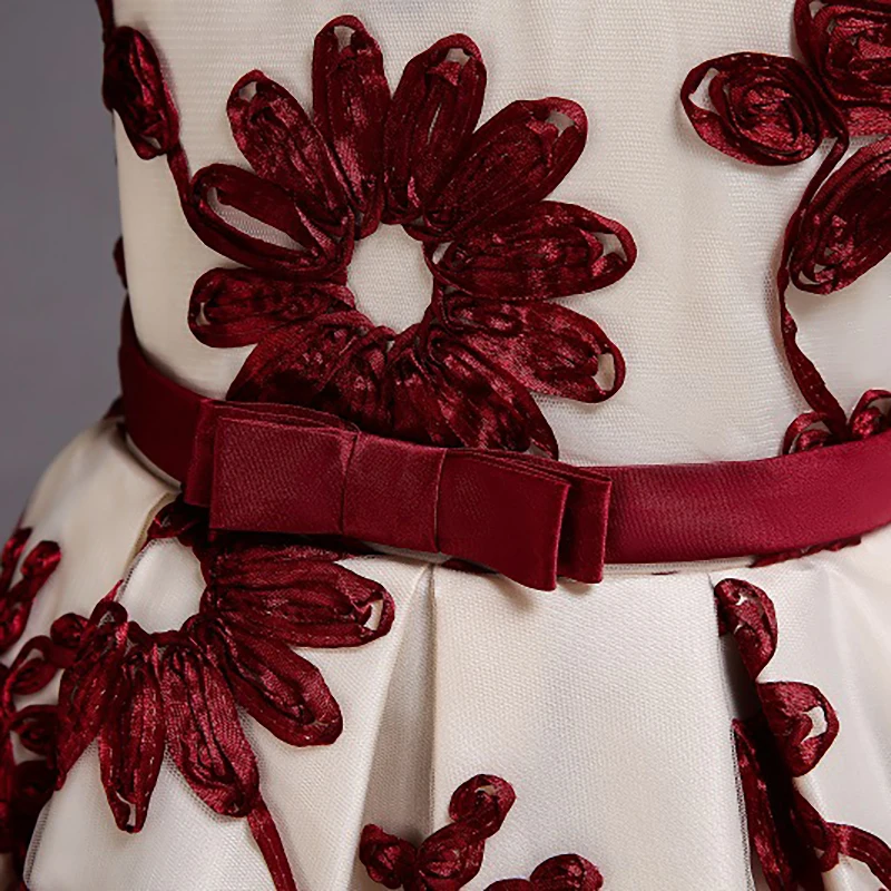 

Burgundy Flower Girls Dresses Floor-Length Luxury Sleeveless Bow Appliques Tulle Ball Gown O-Neck Kids Party Princess Skirt D314