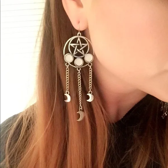

Silver Plated Witchy Pentagram Moon Dangle Earrings,gift for Wicca Lover