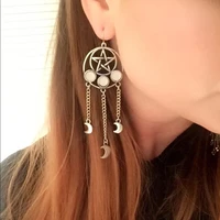 silver plated witchy pentagram moon dangle earringsgift for wicca lover