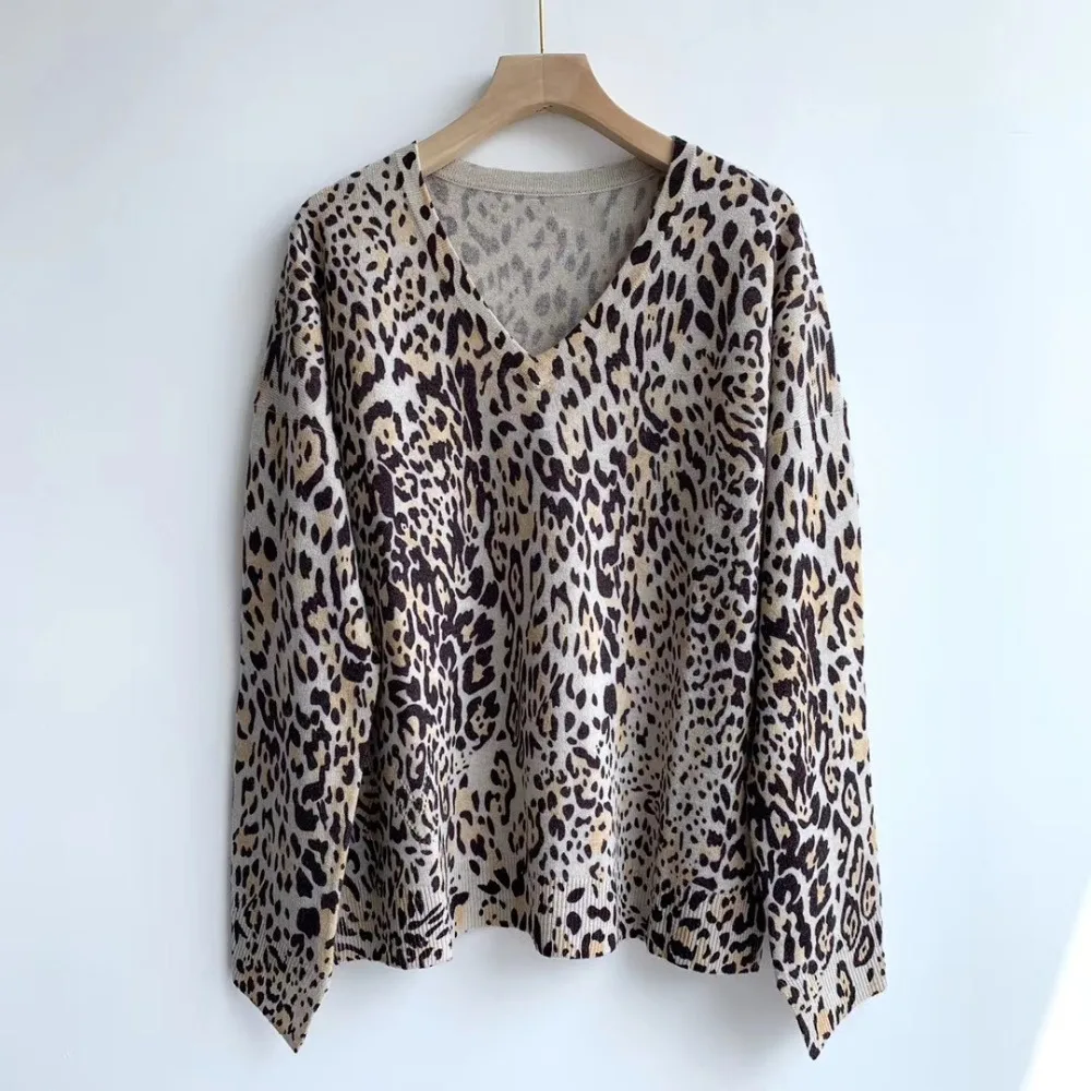 Leopard Print women Sweater Autumn winter new V-neck Casual Long Sleeve Fashion wild lady Knitwear Pullover tops