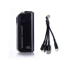 Convenient USB Emergency Charger Power Bank by 2pcs AA Batteries with 3in1 Charging Cable for Universal Mobile Phone
