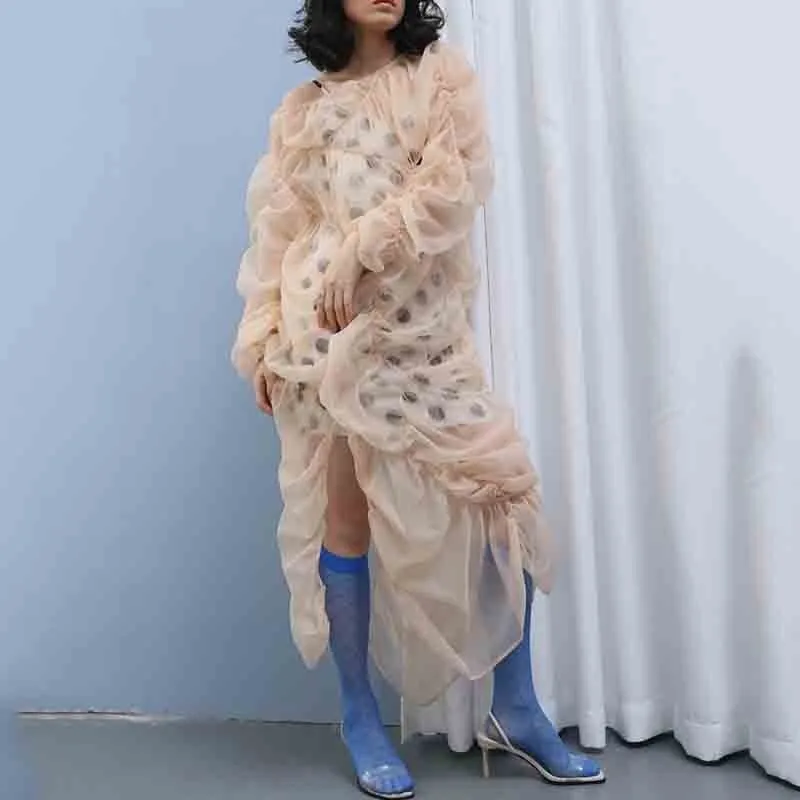 

SeeBeautiful New Fashion Spring 2021 Irregular Rubber Band Hole Semi Transparent O-neck Two Pieces Type Pleated Dress Women Y784