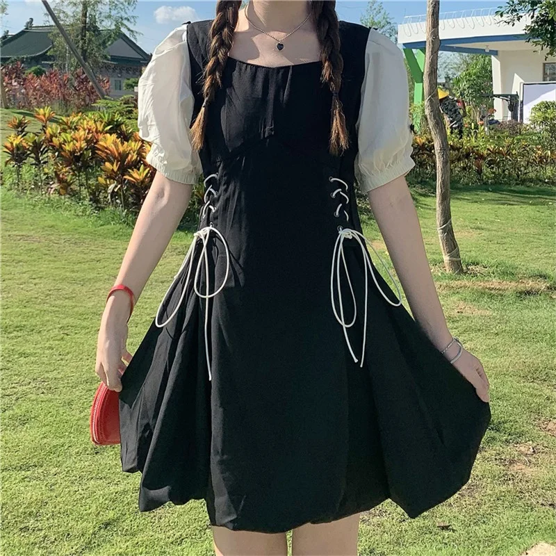 

Japanese Sweet Girl Blakc Patchwork Women Dress 2021 Summer Square Collar Puff Sleeve Bandage Elegant Lolita Fairy Dress Vestid