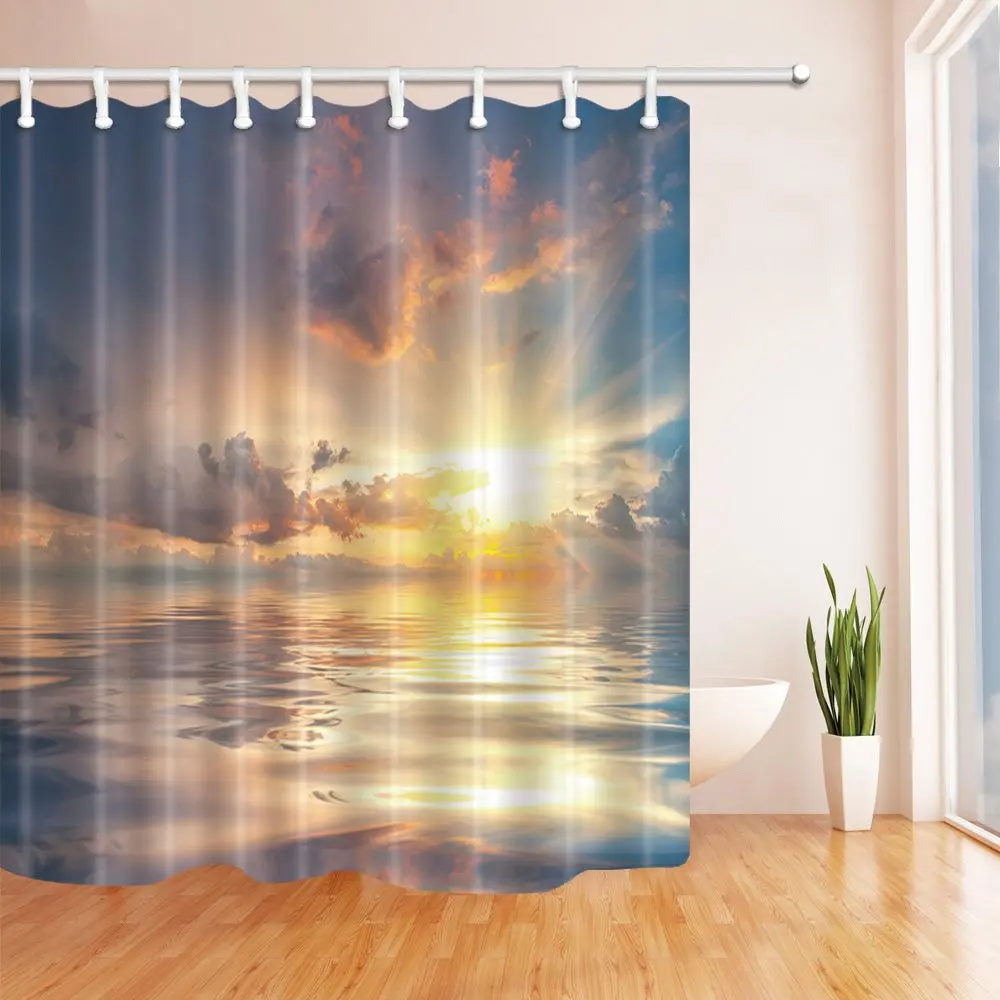 

Sunrise Landscape Shower Curtain Bright Scenery Blue Sky White Grey Red Clouds Sun Reflection On Water Bathroom Curtains