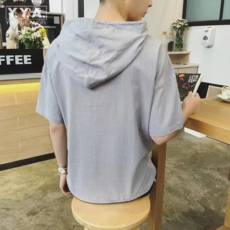 

Mens Plains Loose Linen Flax Short Sleeve Casual Hooded Pullover T-shirts Summer Fashion Korean Style Tops Shirts Clothing
