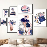 fashion girl perfume high heel blue flower wall art canvas painting posters and prints home pictures for elegant room aesthetics