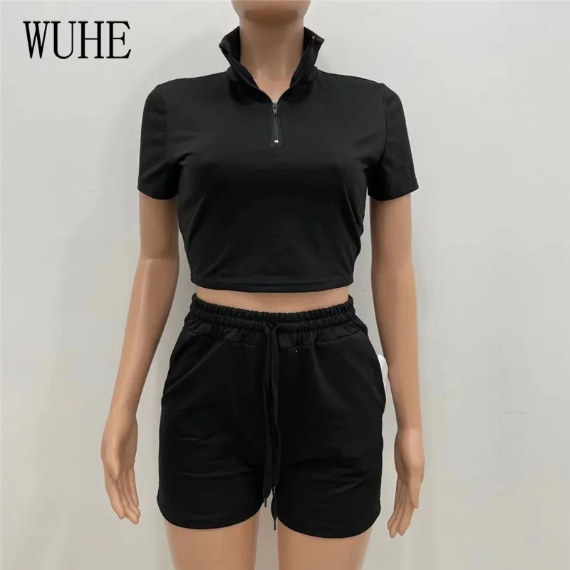 

WUHE Tracksuits Casual 2 Sets Zipper Up Turn Down Collar Short Sleeve Crop Top Drawstring Pockets Pants Sports Fitness Outfits