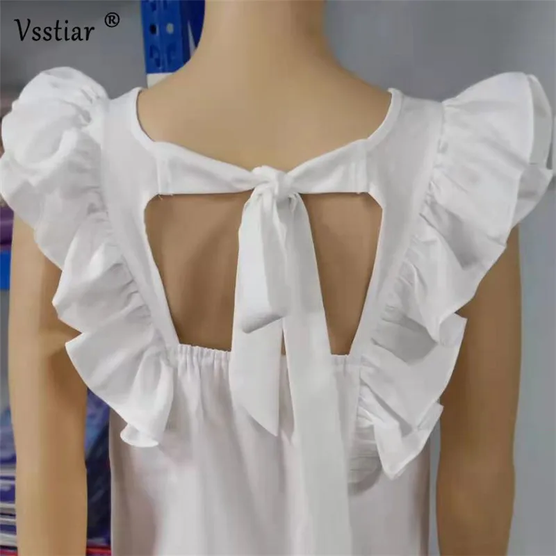 

Vsstiar Ruffles Shirts Women's Backless O Neck Office Work Ladies Tops Plus Size Fashion Bow Sheath Blouse Summer 2021