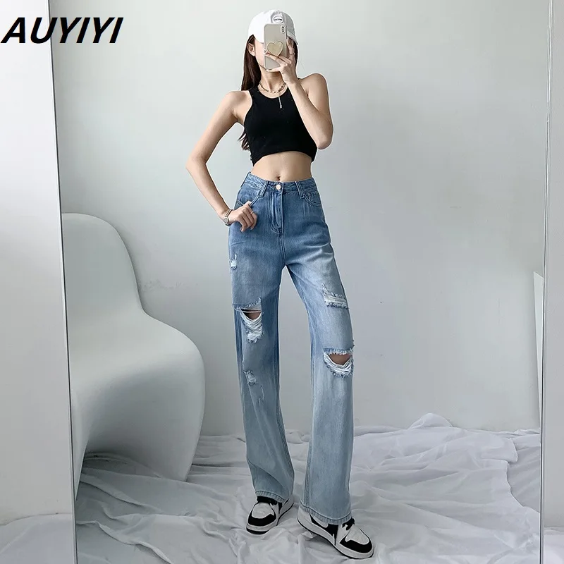 

AUYIYI 2021 Ripped Gradient Jeans Women's Straight Loose Summer Small Design Sense High Waist Wide Leg Mopping Pants