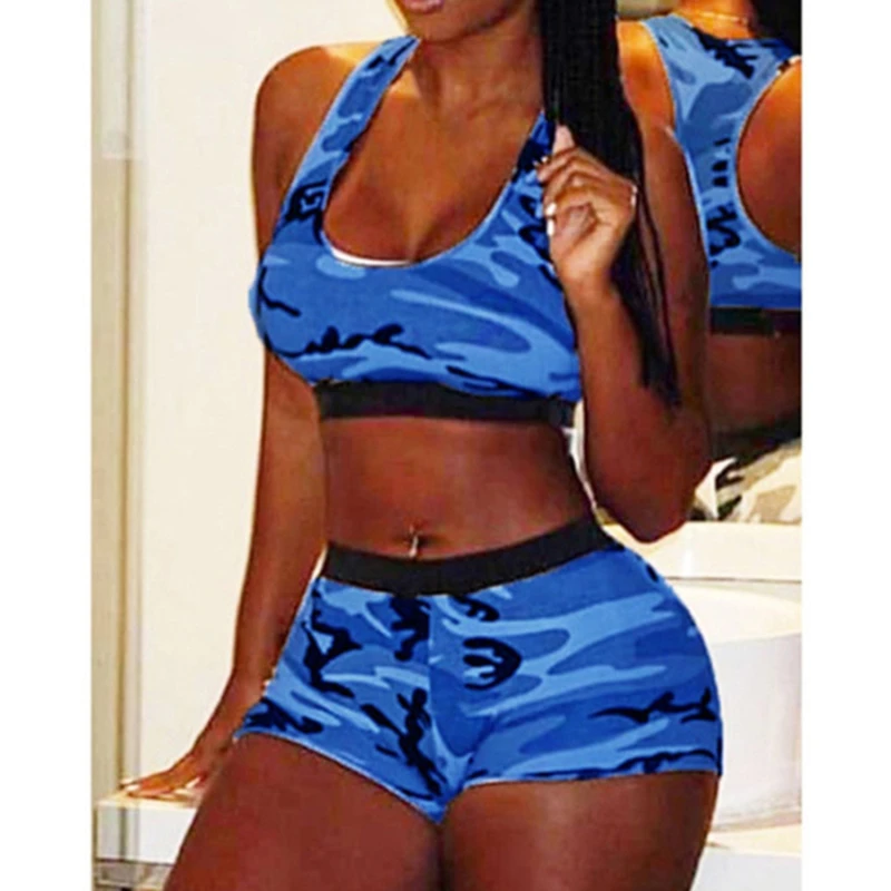 

Camouflage Print Summer Suit Women Fitness Set Sexy Sleeveless Vest + High Waist Fashion Hot Shorts Ladies Clothings