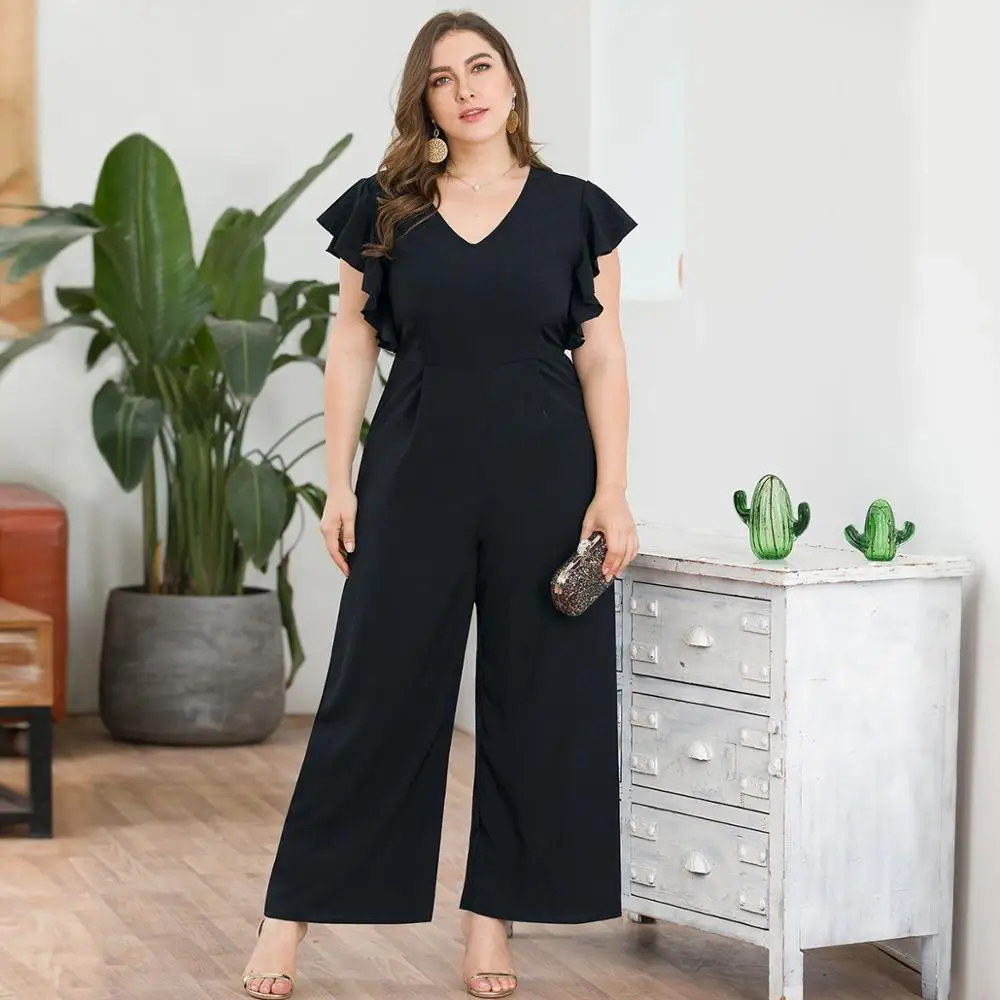 WHZHM с оборками v-образным вырезом черные комбинезоны женские свободные брюки