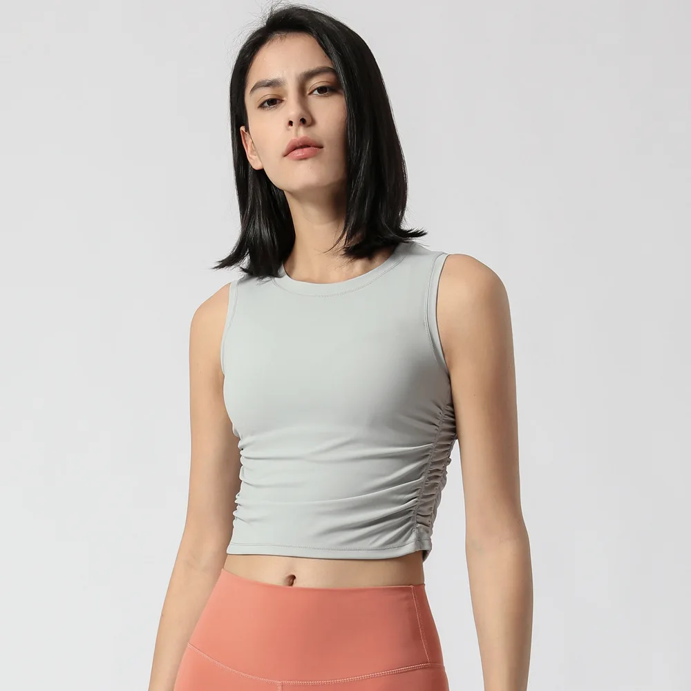 

2021 Sports Top Women Summer New Yoga Vest Side Waist Drawstring Scrunch Running Elastic Gym Workout Fitness Crop Top Blouses