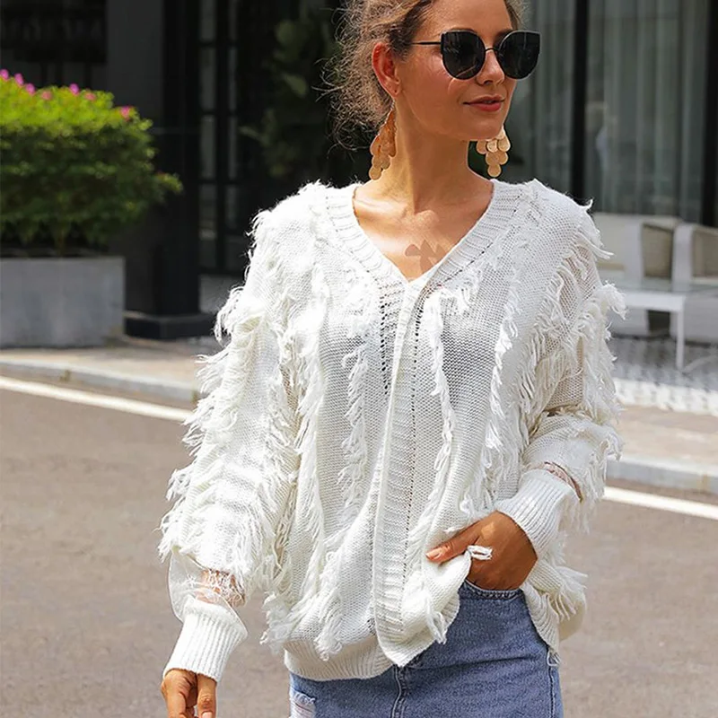 Женские свитера новинка 2019 Осенний вязаный свитер с v-образным вырезом бахромой