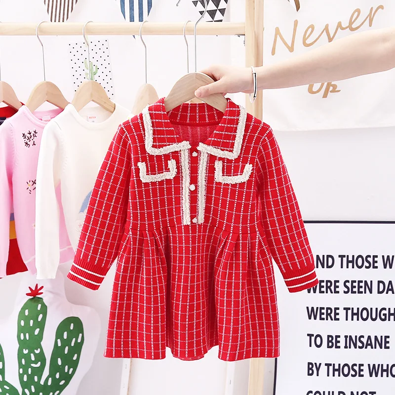Girls Dress Cotton 3-8Year Full Sleeve Children Sweater Plaid Lace Autumn Princess Winter Clothing | Детская одежда и обувь