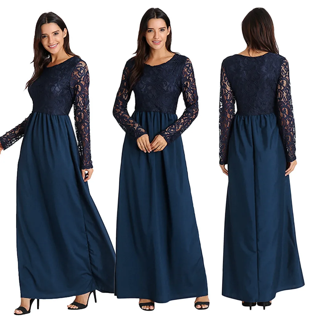 Женские кружевные вечерние платья с длинным рукавом и круглым вырезом длинное