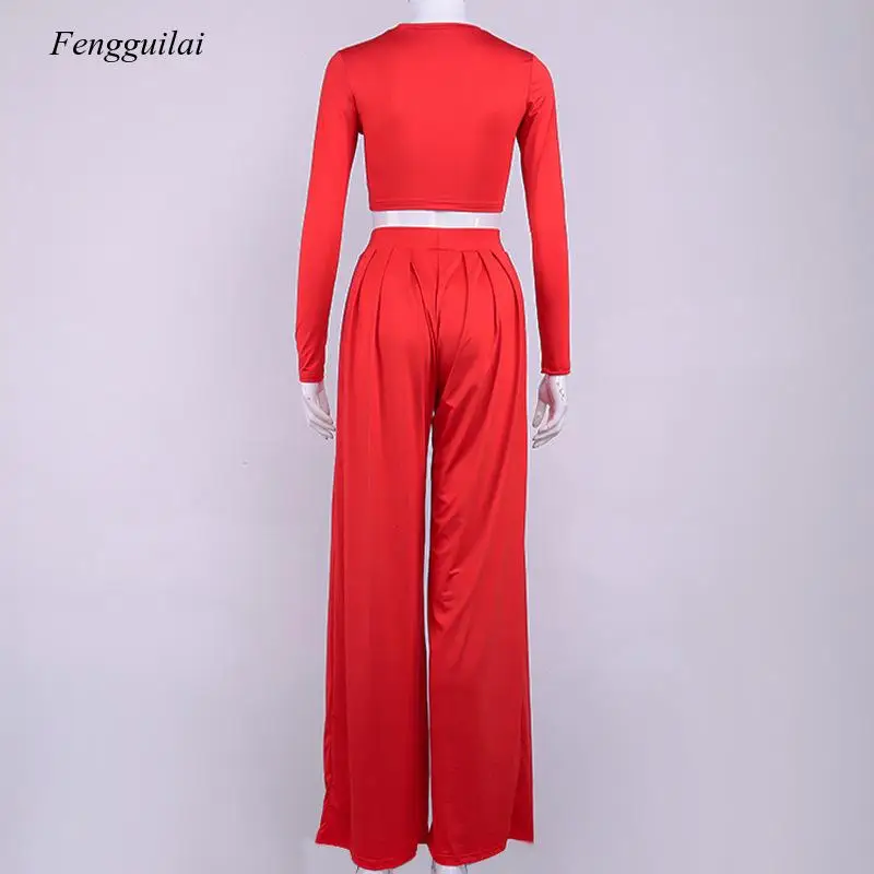 

Women Fashion Solid Suit 2 Pieces Sets 2021 New Female Casual Long Sleeve O-Neck Tops and Loose Wide Legs Long Pants Outfit