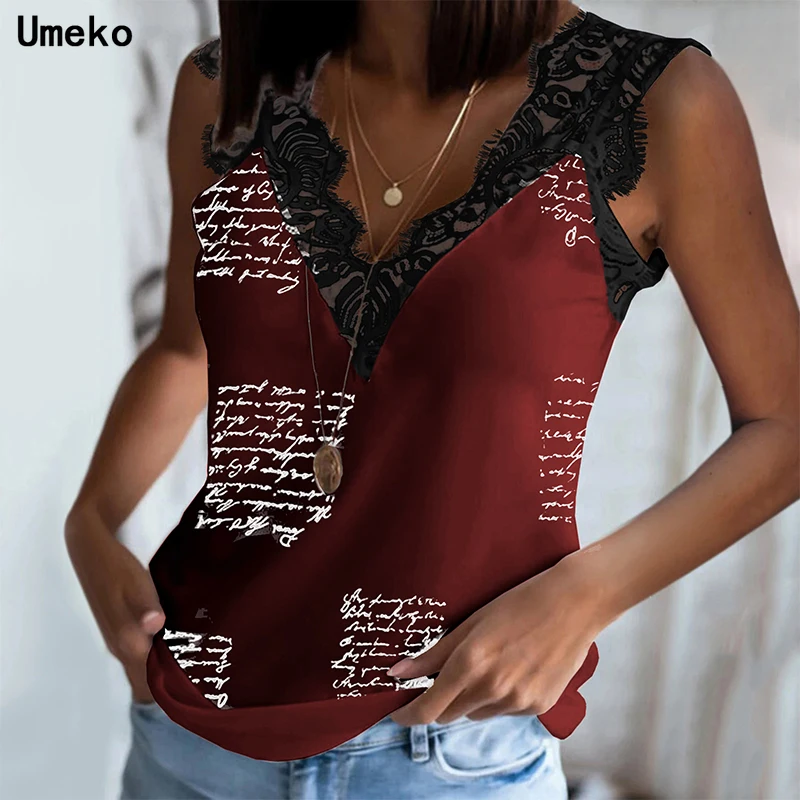 

Umeko Fashion Women Satin Silk V-Neck Lace Strap Top Summer Vest Camisole Crop Tank Tops Casual Shirt Sleeveless Letter T-Shirt