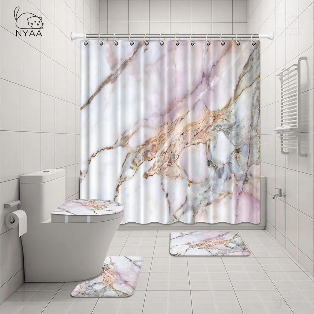 Online Marmo Tenda Della Doccia Set Con Non-slip Da Bagno Tappetini, Coperchio Coperchio Wc, Bagno Zerbino, Durevole Impermeabile Tenda Della Vasca Da Bagno Per Vasca Da Bagno