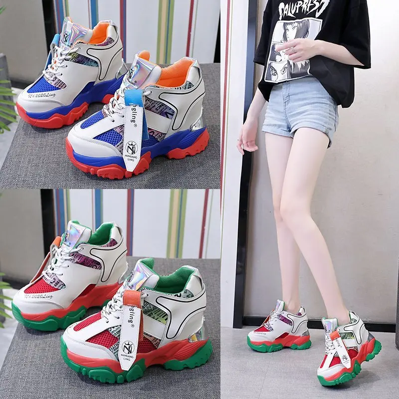 

Женские сетчатые туфли, на высоком каблуке, с круглым носком, на шнуровке, Нескользящие, Весенняя повседневная обувь на платформе