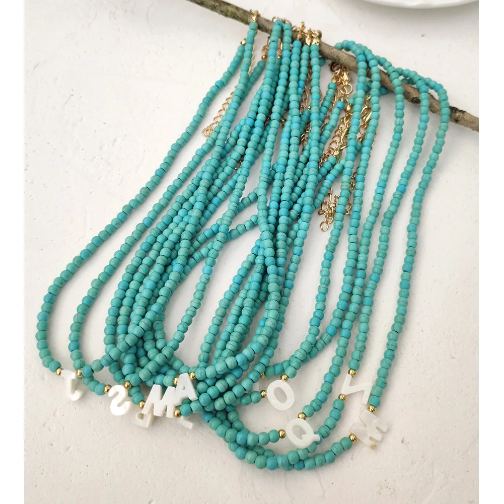 

Korea Natural Shell Letter Beaded Necklace For Women Turquoise Bead Strand Name Initial Necklaces Choker Handmade Summer Jewelry