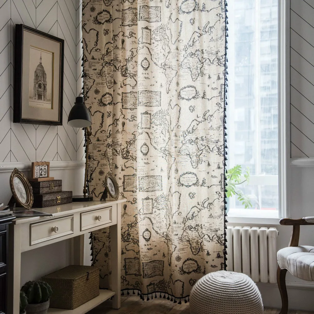 Cilected Ретро Карта печатная занавеска s домашняя кисточка из хлопка и льна