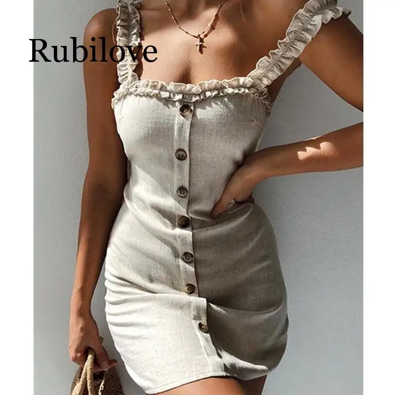 

Rubilove New Women Summer Dress arrival Solid Ruffle Backless Slim Casual Sleeveless Bodycon Holiday Mini Sundress