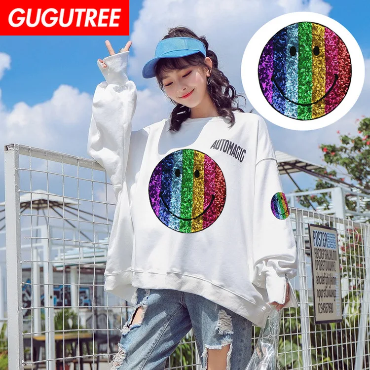 GUGUTREE вышивка блёстки большая улыбка нашивки с радугой значки аппликации нашивки для одежды ZK-19121091