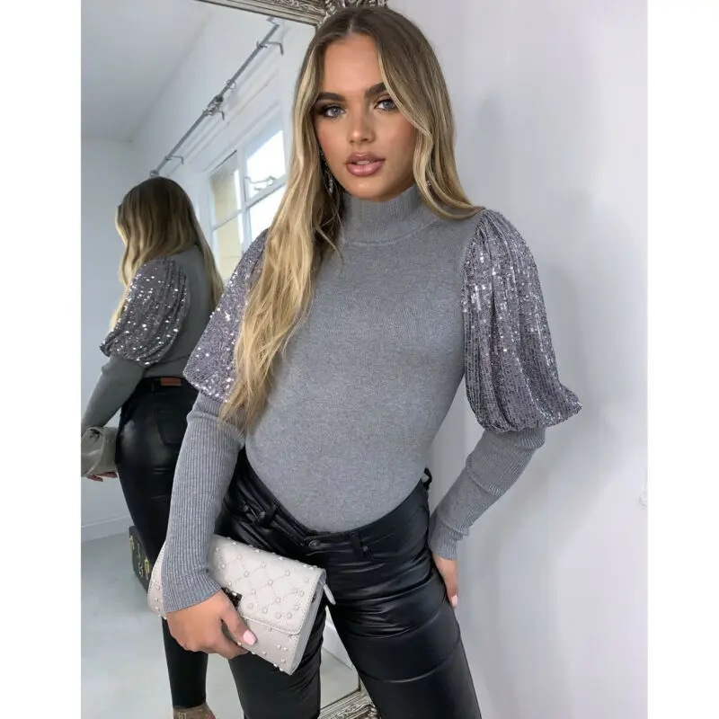 

Women Ladies Puff Sleeve Tops Pullover Sweater Blouse Loose Jumper Ribbed Shirt