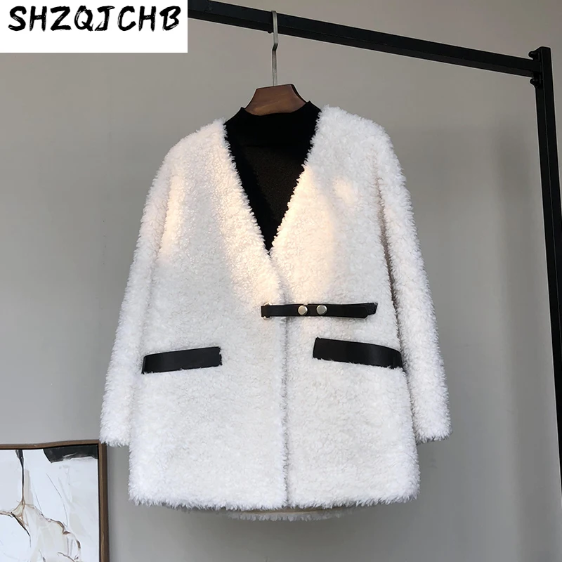 

SHZQ, пальто для стрижки овец, женское меховое пальто из овечьей шерсти, композитный мех с V-образным вырезом, Молодежный стиль