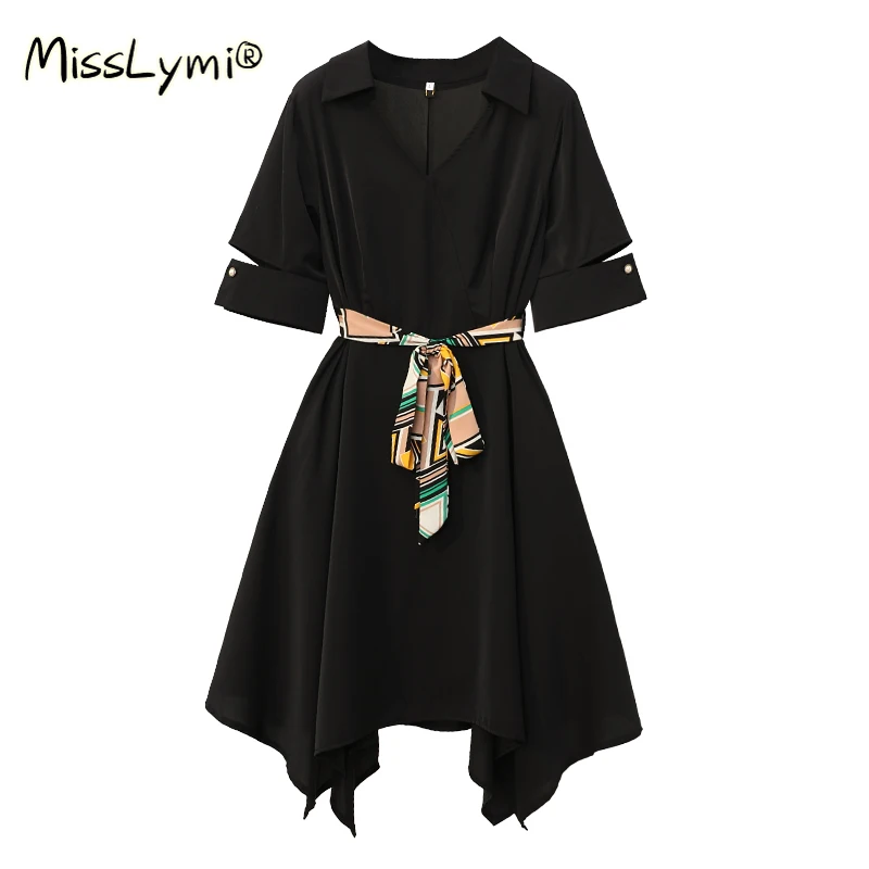

4XL Plus Size Women Elegant Asymmetric Chiffon Dress Summer 2021 V-Neck Hollow Out Short Sleeve Loose Ladies Black Dresses Belt