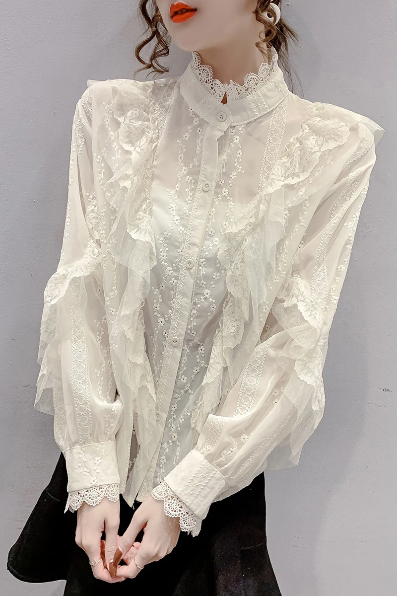 

COIGARSAM Full Sleeve blouse women New Lace blusas womens tops and blouses Apricot White 206