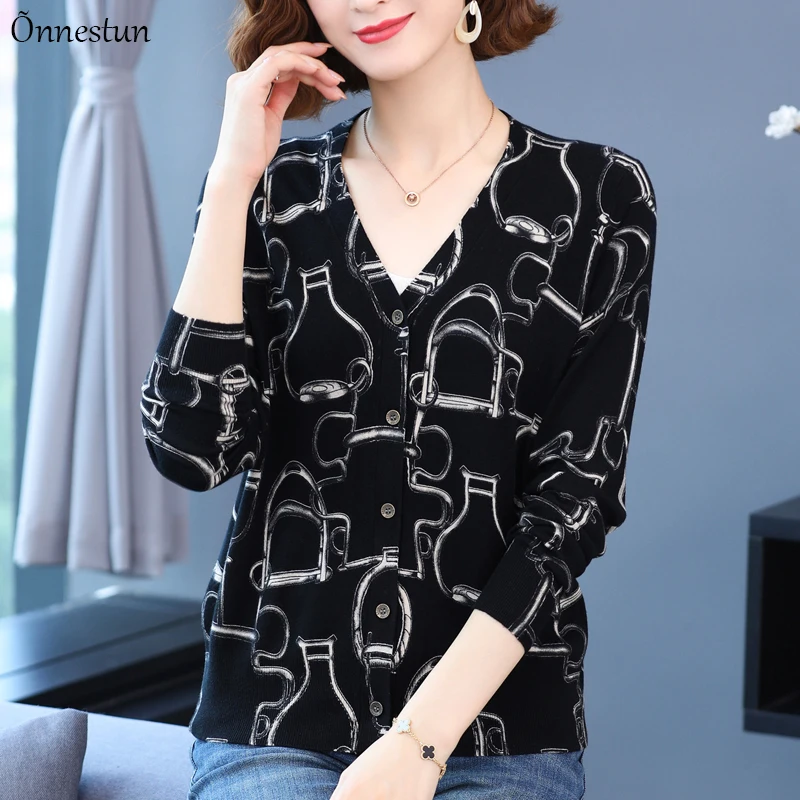 

Print Female Cardigan Autumn Spring Knitted Sweater Women Korean Fashion Cropped Feminine Coat Plus Size Soft Cardigan Women