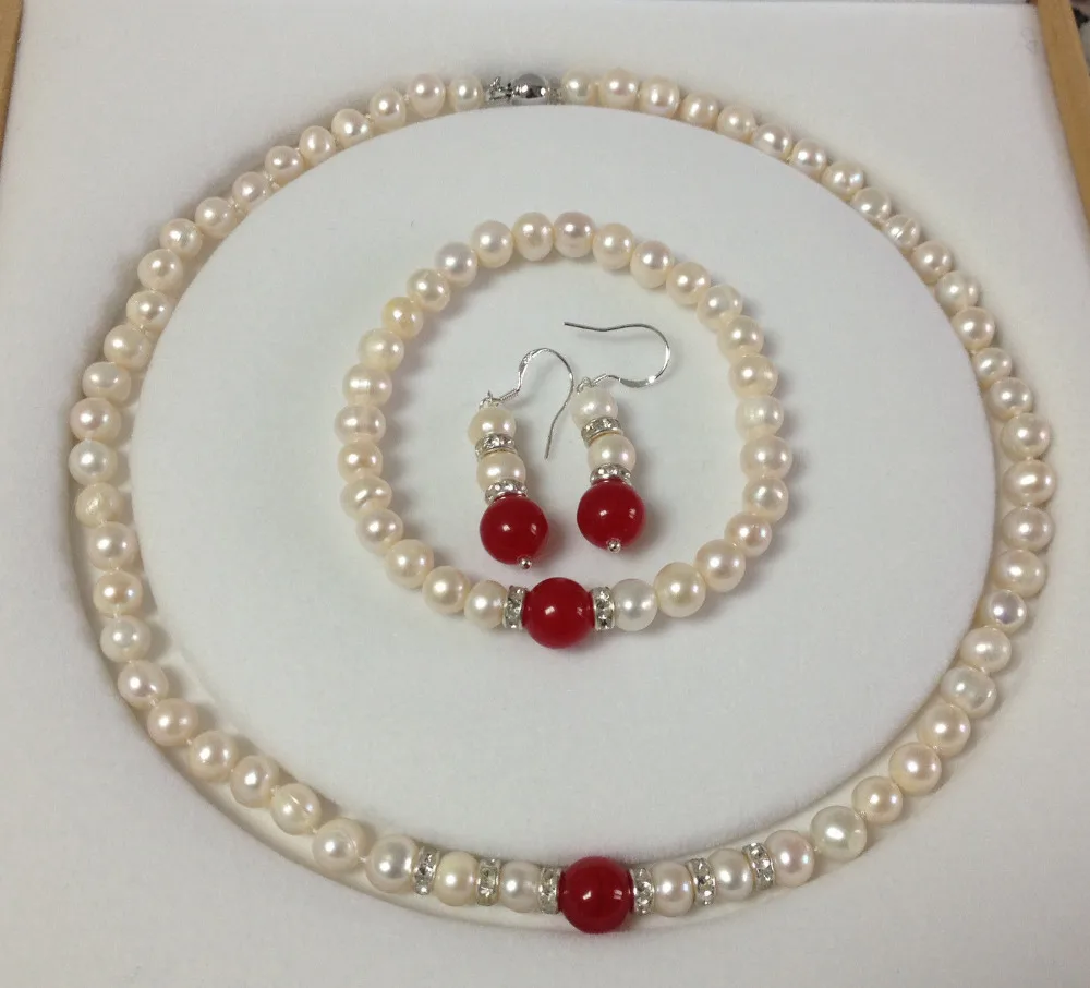 

7-8MM White Akoya Cultured Pearl/Red Jade bracelets necklace earrings set A026
